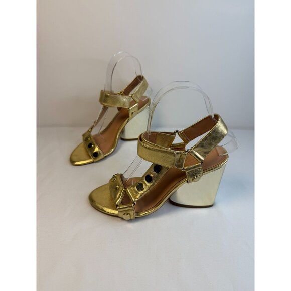 Halston Heritage Mica Sandal Womens Size 5.5M Gold & Bronze Studded Block Heel - Picture 1 of 15